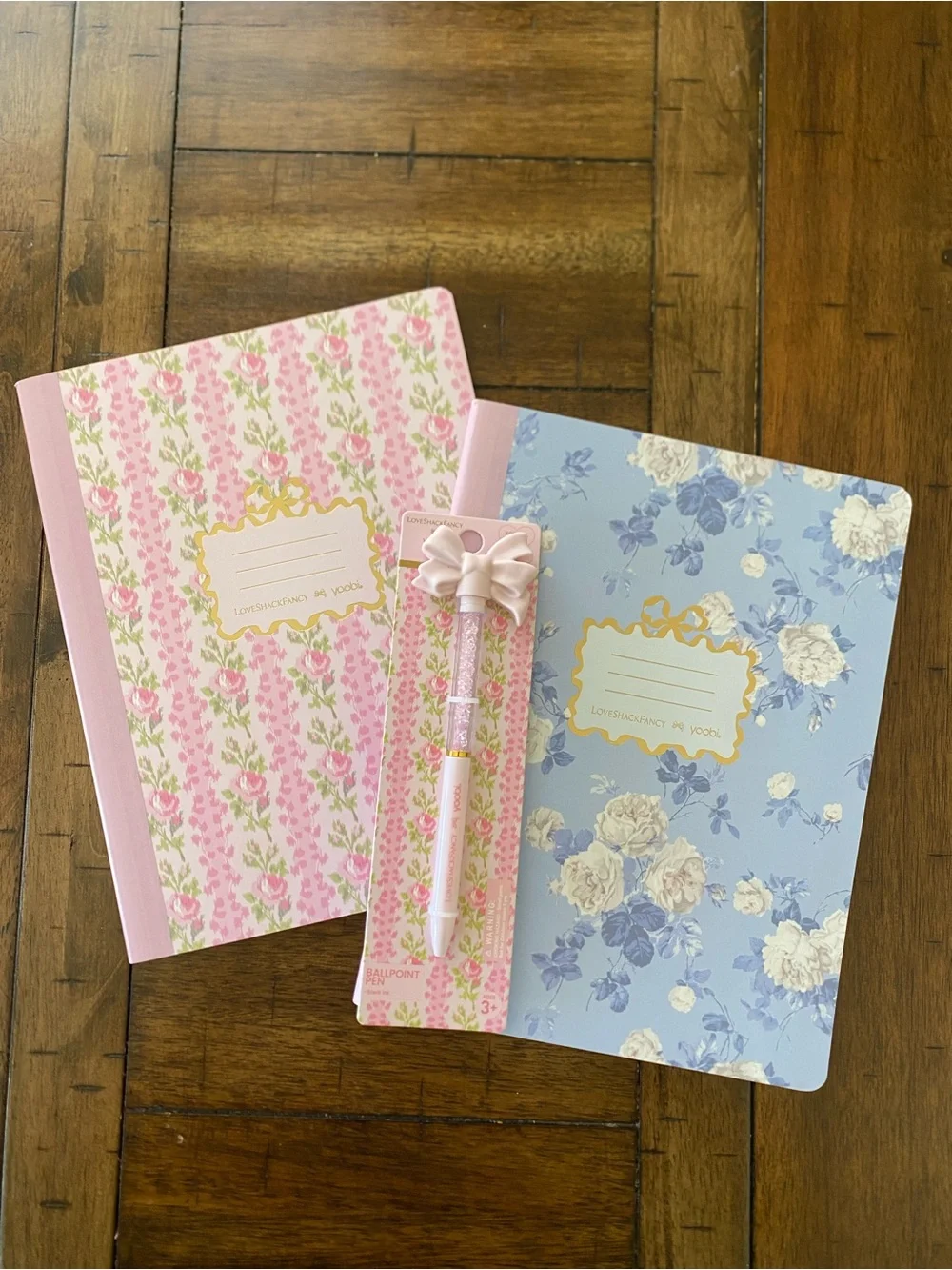 LoveShackFancy Floral Pink & Blue Wide Ruled Notebooks with Pink Bow Pen